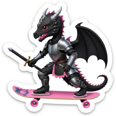 zwarte ridder met een zwarte zwaart en een zwarte schild met een zwarte draak op en hij skate met een roze skatebord en hij  zit tegen een draak te vechten sticker
