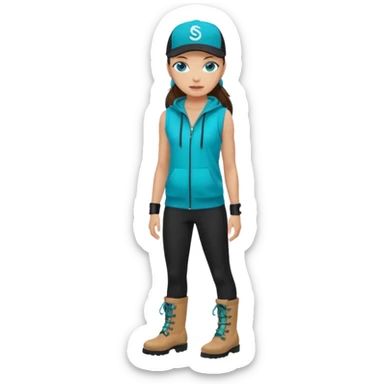 A landscaper in a beautiful turquoise hoody and turquoise rubber boots, black pants, and a black sleeveless shirt. On her head is a black color Swissotel baseball cap. The girl is a brunette with blue eyes. sticker