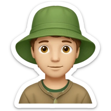 A light-skinned man with short brown hair, golden-brown eyes, and a soft smile, wearing a wide-brimmed green bucket hat. sticker