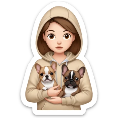 A brown haired girl wearing a beige hoodie is holding two French bulldogs, one beige and one black sticker