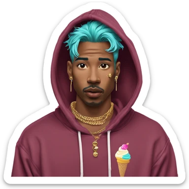Vintage grunge patina intricate swirls golden sparkle tropical Deep pink maroon burgundy cyan dark hoodie man dyed hair and gold piercings nose piercing ear piercings ice cream  sticker