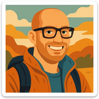 Make the bold man smile, keep the modern illustration style, squared dark glasses, blue eyes, traveler vibe. sticker