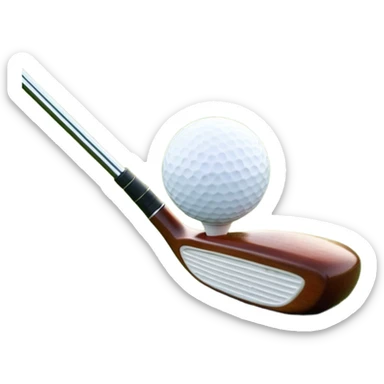 A golf ball on a tee with a golf club placed beside it, set against the backdrop of a well-manicured green golf course. The scene emphasizes the equipment and serene atmosphere of the sport, with soft lighting and a peaceful, open landscape sticker