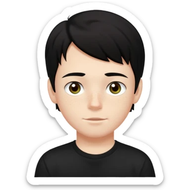 A boy with dark black hair and hazel green and brown eyes and white skin , with freckles and black t shirt  sticker