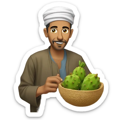 a moroccan man with djelaba eat a prickly pear sticker