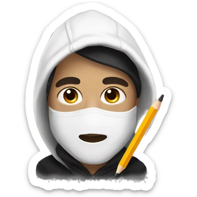 Male artist wearing white drama mask and black hoodie holding pencil sticker
