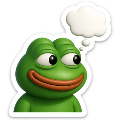 make a pepe in bright green smiling with thought bubble looking at right left in 3d style, good highlights and shadows, drop shadows sticker