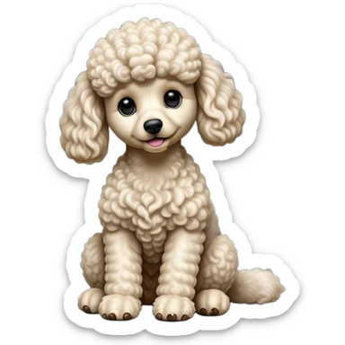 cinematic-[poodle]-realistic-full-body-sitting-emoji,-tail-resting-loosely-beside-its-paws,-head-tilted-dramatically, -curly-[cream white]-fur,-simplified-yet-realistic-focused-features,-highly-detailed,-glowing-with-an-almost-sarcastic-glow sticker