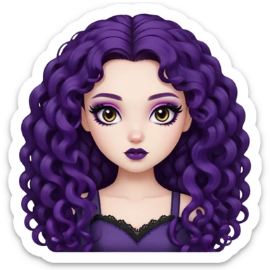 curly long dark purple hair, pale skin, brown eyes, pretty bratz baddie, black eyeliner, blush sticker