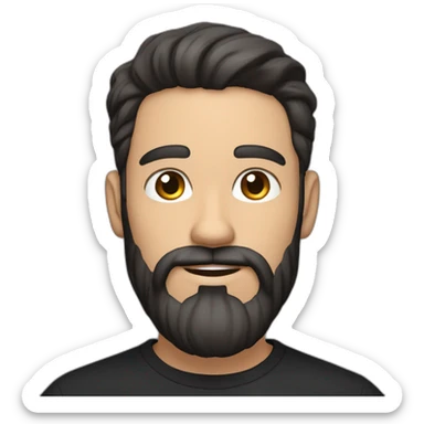 White man with a slight sun kissed tan, blue eyes and dark brown hair. He has a beard and mustache trimmed. Wears black clothing and wears his hair styled sideways backwards. sticker