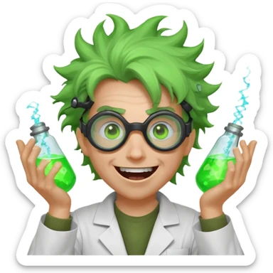 mad nuclear scientist portrait, head and shoulders only, messy hair, cracked goggles, glowing radioactive green light, excited crazy smile, 3D cartoon, mobile game icon style, clean background, no text, no watermark
 sticker