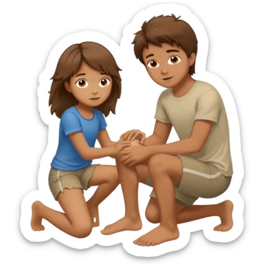 barefooted boy with messy brown hair yellow putting his foot on a kneeling girl sticker