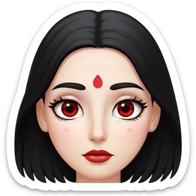 White girl with long oval shaped face, large almond shaped eyes with long eyelashes, long straight black hair falling in front of her bare shoulders, face closeup, with red and white gopi dots decorating her forehead above eyebrows sticker