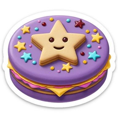 a pastel purple sandwich cookie with soft crumbly texture, a star-shaped jam cutout in the center showing glossy dark berry filling, and creamy filling with colorful sprinkles. Minimal emoji style, smooth shading, high detail, centered object, no background, sweet playful vibe sticker
