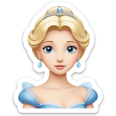 Cinematic Elegant Cinderella Portrait Emoji, rendered in a realistic, vector-style with minimal shading and bold, simplified shapes. Depict Cinderella in her classic ball gown (chest and above) with fair, porcelain skin and elegantly styled blonde hair, her eyes soft and kind, and her expression serene and graceful. The design glows with a gentle, enchanting radiance and high shine, capturing the timeless beauty of a fairy tale princess. sticker