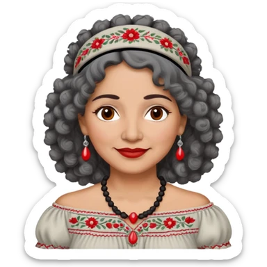 Latina woman, about 55 years old, slightly darker warm brown skin, round soft face, curly black and gray hair, red and white headband, medium eyes, thin eyebrows, gentle smile, gray peasant blouse with embroidery, bare shoulders, large dark necklace sticker