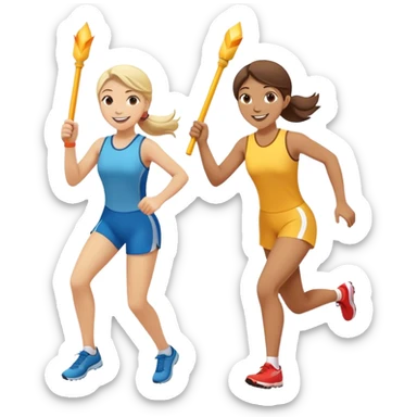 Show two smiling team members passing of bright baton in a relay race. One male to 1 female. Show one baton passing from the male’s hands to the females smoothly  sticker