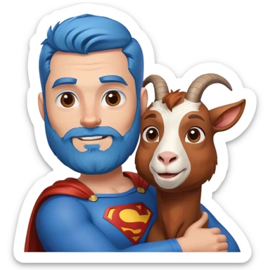 Adult Superman with redish brownish full beard with his arm around a blue hair happy goat sticker