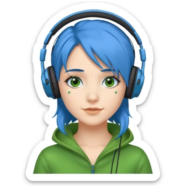 blue haired woman with headphone and green costumes  sticker