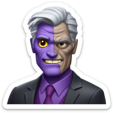two-face, harvey dent, batman villian, right side of face purple, grey hair sticker