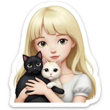 pale girl with blonde hair and bangs hugging a black and white cat sticker