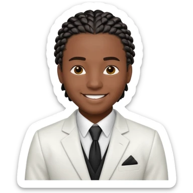 a young black guy with black cornrow braids wearing a full white suit sticker