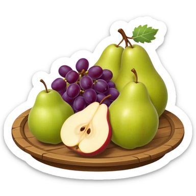 medieval fruit platter object icon, sliced apples and pears, grape clusters, rustic plate, fresh juicy look, 3D cartoon, mobile game icon style, clean background, no text, no watermark
 sticker