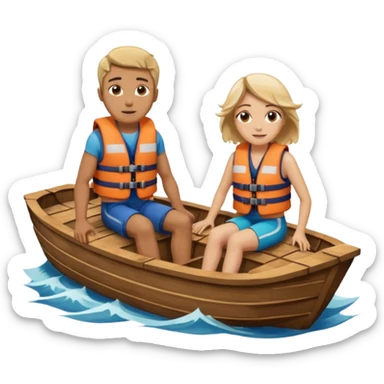a wood boat upside down, with 2 people sitting on top trying to stay afloat. sticker