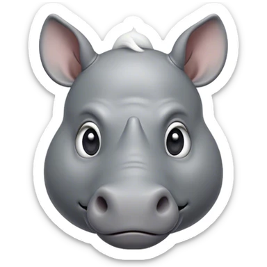 Cinematic Cute Rhinoceros Portrait Emoji, Head tilted playfully and inquisitively, featuring a rugged, glossy slate-gray hide with a gentle, rounded white horn and round, sparkling eyes filled with curious wonder, Simplified yet irresistibly adorable features, highly detailed, glowing with a warm, friendly glow, high shine, affectionate and mighty, stylized with a touch of ancient charm, bright and endearing, soft glowing outline, capturing the essence of a mischievous yet loving rhinoceros, so playful it feels like it could stomp out of the screen and into your arms! sticker