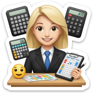 aUDITOR smiling with spreadsheet and a calculator, emoji, ADD A puzzle and a Balance for accounting sticker