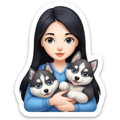 beautiful girl with long black hair holding a cute husky puppy sticker