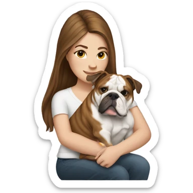 White girl with brown hair holding English bulldog sticker
