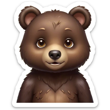 Cinematic Cute bear cub Portrait Emoji, Head tilted playfully and inquisitively, featuring a glossy dark brown fur with a natural sheen and round, sparkling eyes filled with gentle curiosity, Simplified yet irresistibly adorable features, highly detailed, glowing with a warm, friendly glow, high shine, affectionate and mighty, stylized with a touch of woodland whimsy, bright and endearing, soft glowing outline, capturing the essence of a mischievous yet loving bear cub, so playful it feels like it could amble out of the screen and into your arms! sticker
