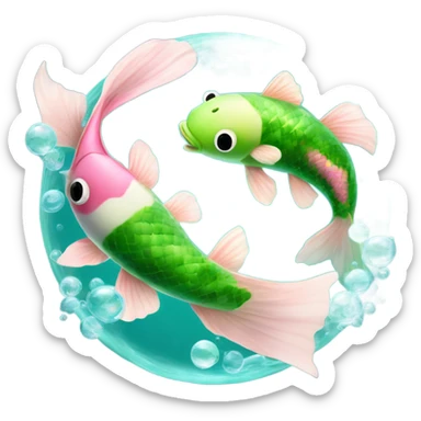Pisces Two realistic green and blue the other pink and white koi fish swimming in circle ying yang cloudy dreamy bubbles  sticker