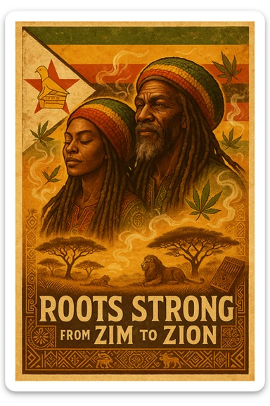 Design a powerful digital illustration in vintage poster style featuring a proud Zimbabwean Rasta man and woman with long dreadlocks and a knitted red, gold, and green tam. The background should blend the iconic Zimbabwe flag with textured detail — the red star, bird emblem, and bold stripes clearly visible but stylized with artistic flair. Add rich African earth tones, golden sunlight, and natural scenery like acacia trees, lions, or smoke from a healing herb circle. The Rasta should have a wise, peaceful expression — eyes full of ancient memory and inner fire. Incorporate ganja leaves subtly in the design, maybe flowing with the wind or circling the character like aura energy. Accent with traditional Shona patterns or mbira (thumb piano) motifs. Let the message reflect strength, unity, and ancestral healing. Optional text: “Roots Strong from Zim to Zion” or “Mash up Babylon from Harare to di hills.” sticker