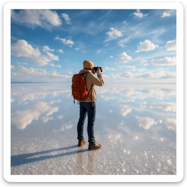 traveler taking photo in the Uyuni salt flats, standing on salt crystals, wide sky and reflection, bright and wondrous feeling sticker