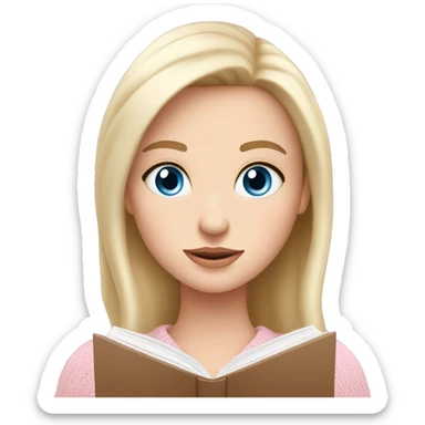 Pretty blue eyed white girl with light pink sweater reading cozy sticker