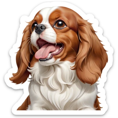 Cinematic Cute Yawning Blenheim Cavalier King Charles Spaniel Portrait Emoji, Head tilted slightly with a dramatic, wide-open yawn, soft Blenheim coat with delicate chestnut and white markings, floppy ears slightly drooping, round brown eyes barely open in drowsy contentment, Simplified yet irresistibly adorable features, highly detailed, glowing with a soft, cozy glow, high shine, relaxed yet expressive, stylized with a touch of whimsy, bright and endearing, soft glowing outline, capturing the essence of a sleepy yet affectionate companion, so drowsy it feels like it could stretch right out of the screen and curl up for a nap! sticker