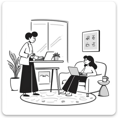 escenary 3d of a cozy mid-century living room with two people working on laptops, one man standing at a desk, and one woman sitting on a couch sticker