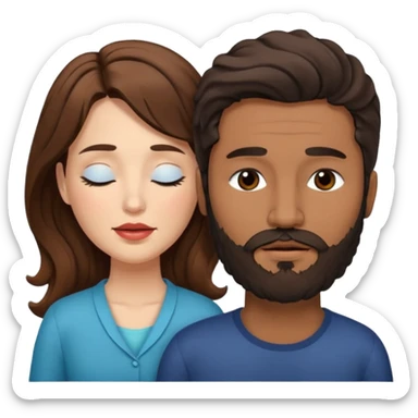 White woman (brown hair with eyes closed) and brown man with black wavy hair (has a a beard with his eyes closed too). The woman has her lips on the forehead of the man. sticker