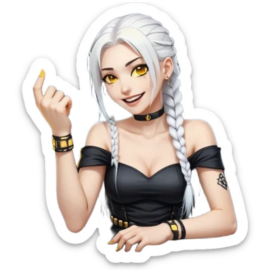 she is laughing the hardest and pounding her fist on the table, a closeup portrait of young woman with gold yellow eyes, white hair, long braid, black off-shoulder top, punk gothic style, futuristic cyberwave cyberpunk, sitting position
 sticker