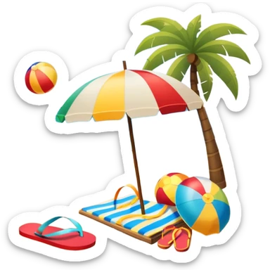 Icon for Beach Tourism: a sandy beach with a sun umbrella, beach ball, and flip-flops, with the ocean waves in the background. The icon should capture the relaxation and fun of a beach vacation. Transparent background sticker