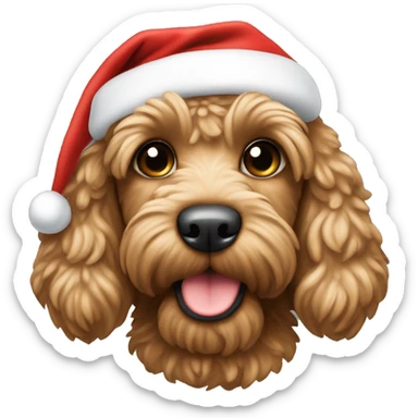 Light brown cockapoo wearing a santa hat sticker