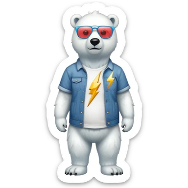 friendly anthropomorphised polar bear standing upright, looking chilled and unbothered, wearing a shirt, jeans, trainers, and lightning bolt-shaped colorful glasses sticker