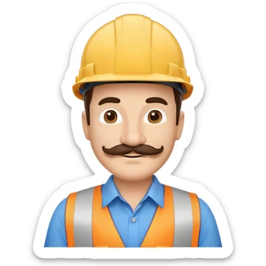 Business owner, well dressed, blue shirt, mustache, construction protection hat, happy sticker