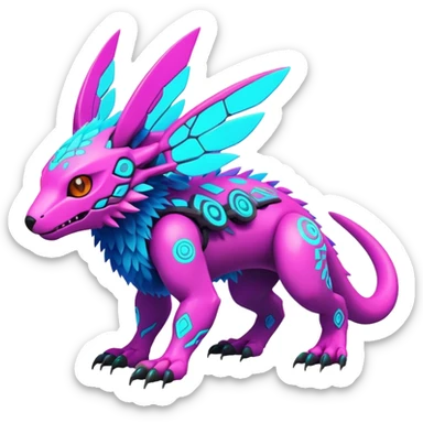 Tropical futuristic lush warm-colored modern colorful neon cyber-Fakémon-Digimon-Trico-creature sticker