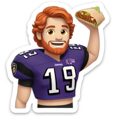 a red haired young man without a beard in a ravens jersey eating a chipotle burrito bowl sticker