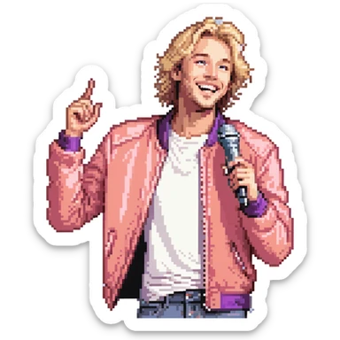 Pixel art style, expressive male performer, Caucasian features, tousled sandy blonde hair, lively eyes, wide cheerful smile, wearing a coral violet jacket over white tee, tossing a microphone in one hand, waist-up, front-facing sticker