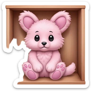 A cute plush toy sitting on a wooden shelf. The toy is fluffy and pastel pink, with floppy ears, a small face with black eyes and a tiny stitched mouth, and round paw-like feet featuring soft pink paw pads. The setting is cozy and playful, resembling a toy store or gift shop display sticker