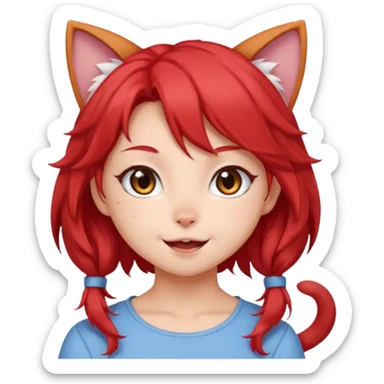 very cute anime cat-girl with small cat ears, red blowing hair sticker